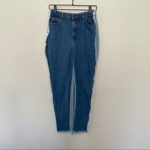 Nasty gal collection two tone denim jeans side raw hem cut & sewn seam sz.2
